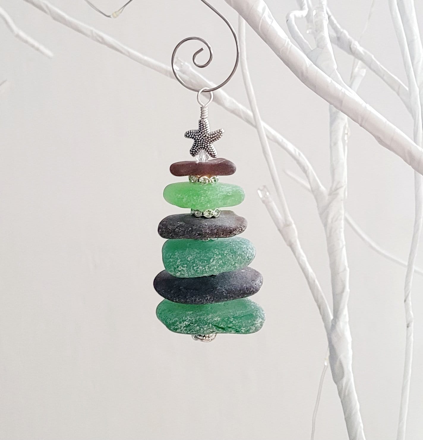 Sea Glass Christmas Tree Ornament/Green and Aqua Sea Glass/Sea Glass Pine Tree Ornament/Genuine Sea Glass Tree Ornament/94