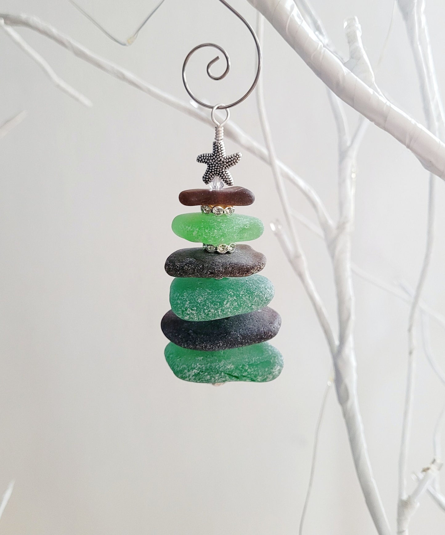 Sea Glass Christmas Tree Ornament/Green and Aqua Sea Glass/Sea Glass Pine Tree Ornament/Genuine Sea Glass Tree Ornament/94