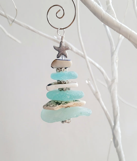 Sea Glass Christmas Tree Ornament/Sea Glass Pine Tree Ornament/Sea Pottery/Genuine Sea Glass Tree Ornament/97