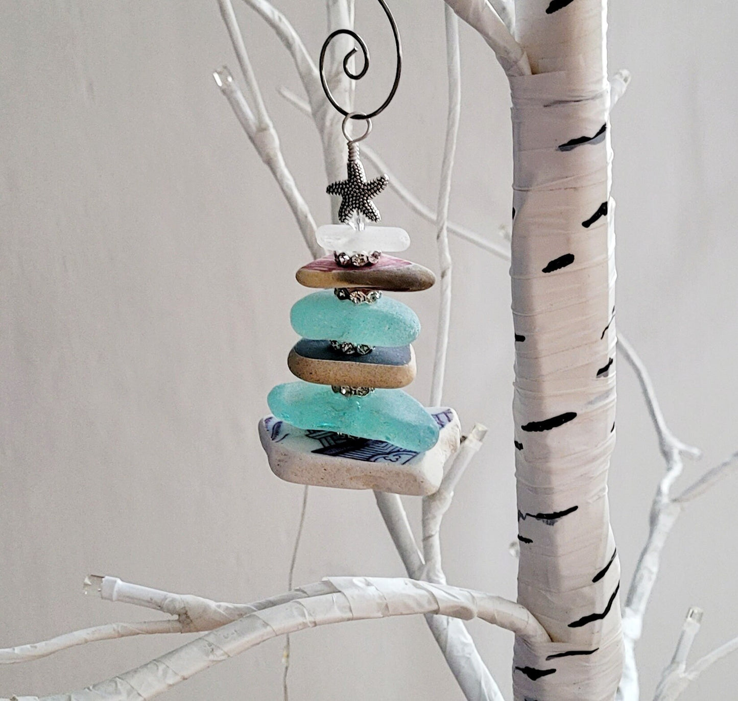 Sea Glass Christmas Tree Ornament/Sea Glass Pine Tree Ornament/Sea Pottery/Genuine Sea Glass Tree Ornament/96