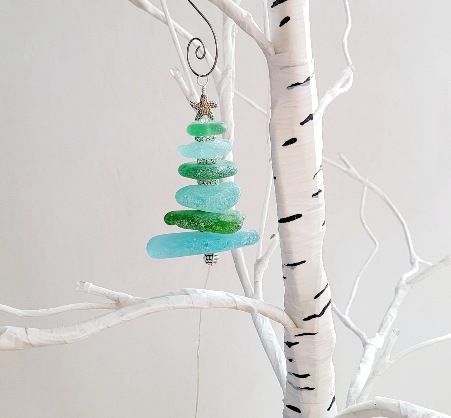 Sea Glass Christmas Tree Ornament/Green and Aqua Sea Glass/Sea Glass Pine Tree Ornament/Genuine Sea Glass Tree Ornament/95