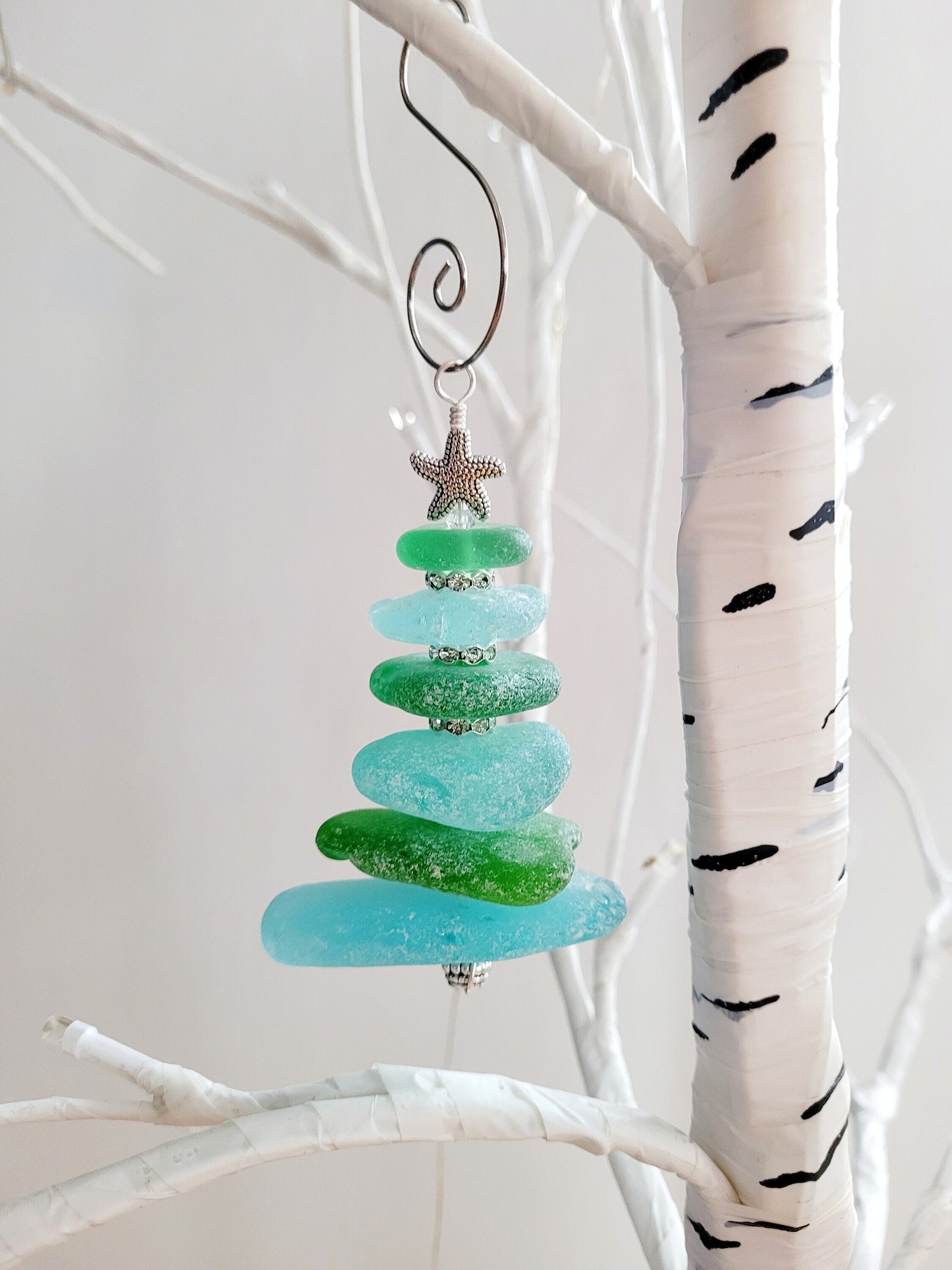 Sea Glass Christmas Tree Ornament/Green and Aqua Sea Glass/Sea Glass Pine Tree Ornament/Genuine Sea Glass Tree Ornament/95