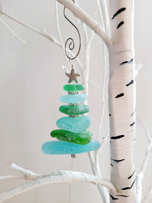 Sea Glass Christmas Tree Ornament/Green and Aqua Sea Glass/Sea Glass Pine Tree Ornament/Genuine Sea Glass Tree Ornament/95