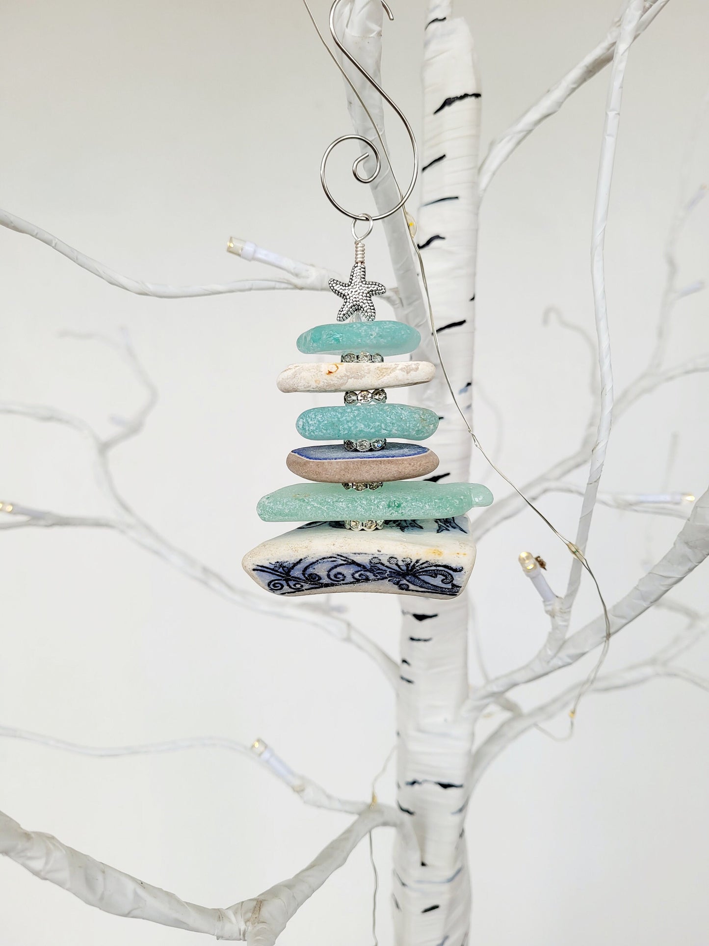 Sea Glass Christmas Tree Ornament/Sea Glass Pine Tree Ornament/Sea Pottery/Genuine Sea Glass Tree Ornament/60