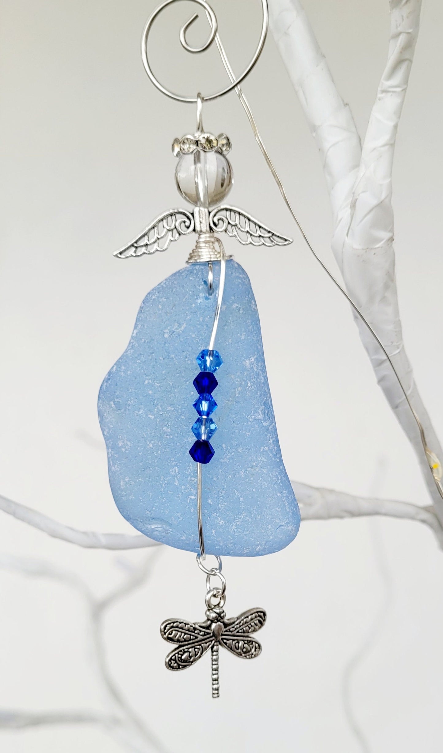 Sea Glass Guardian Angel/Large Genuine Sea Glass Angel/Rare Cornflower Blue Sea GlassAngel Ornament/Christmas Ornament/car charm/12