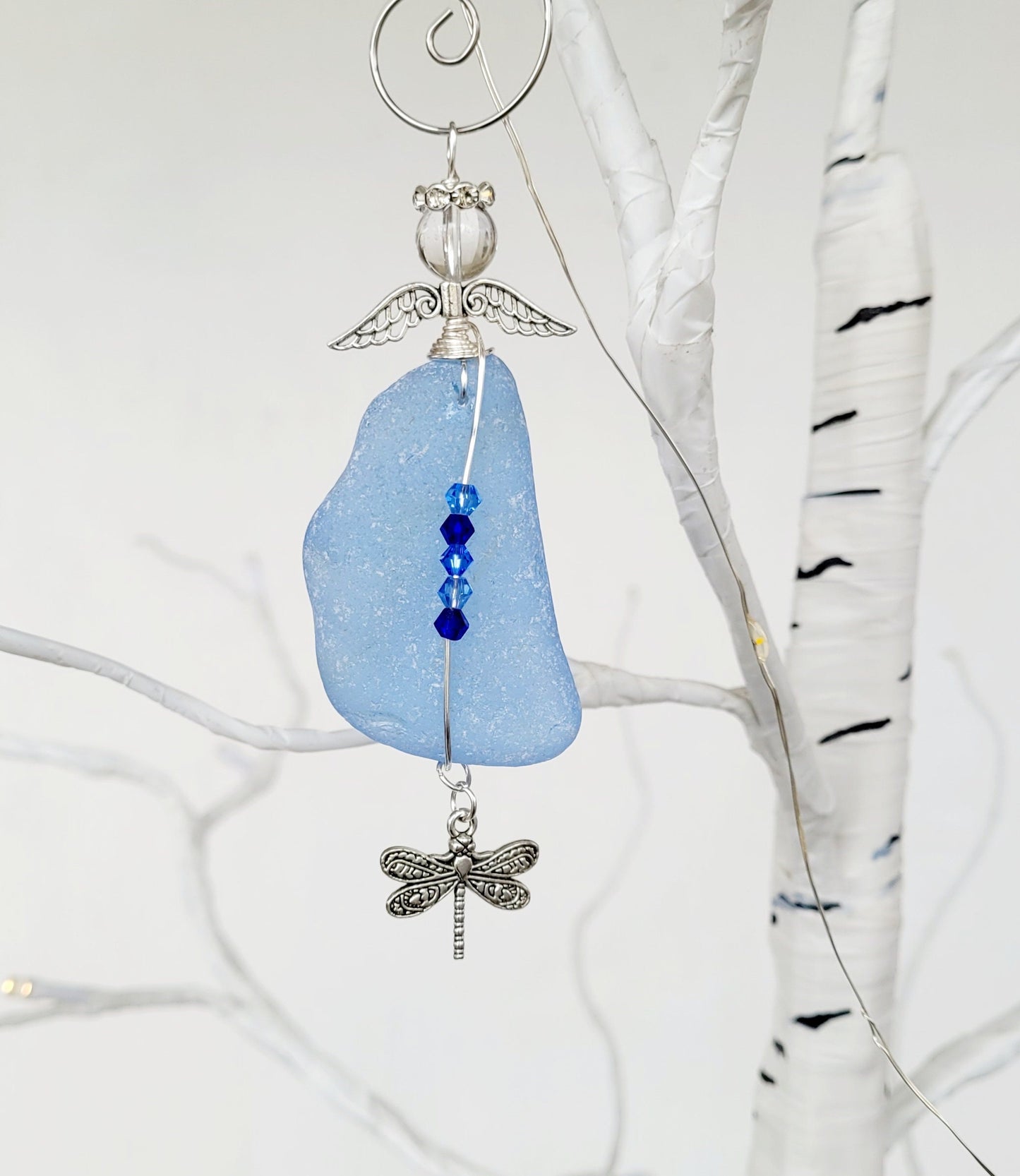 Sea Glass Guardian Angel/Large Genuine Sea Glass Angel/Rare Cornflower Blue Sea GlassAngel Ornament/Christmas Ornament/car charm/12