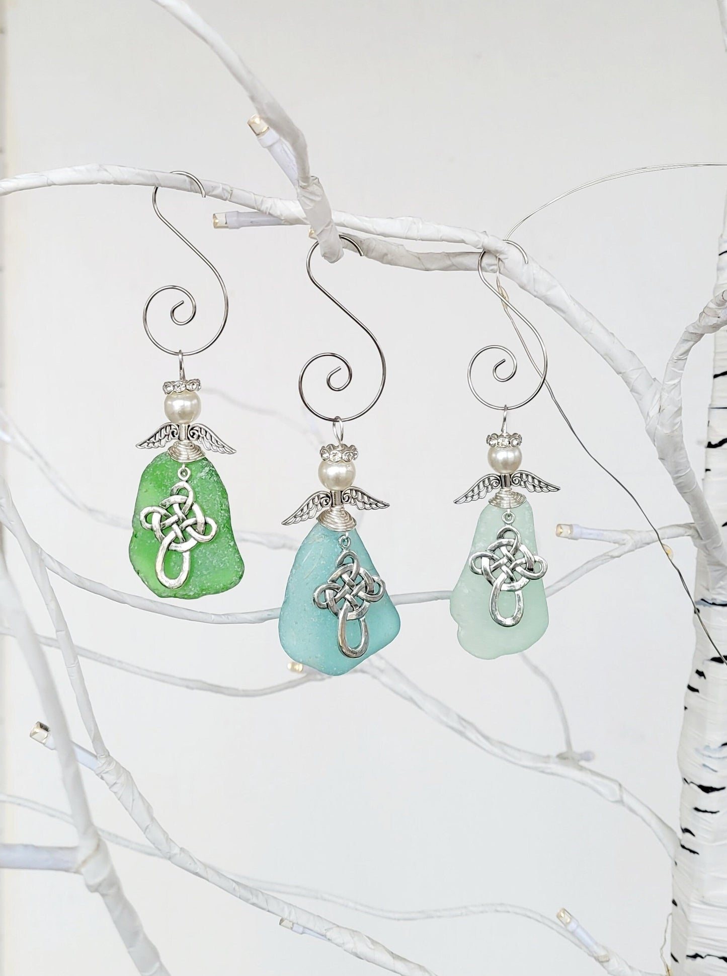 Genuine Sea Glass Angel with celtic cross/Angel Car Charm/Angel Pendant/Angel Ornament/Angel Gift/134