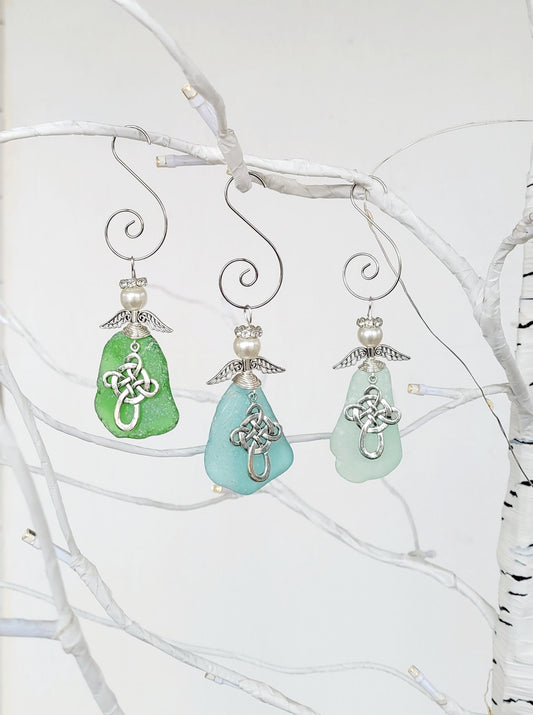 Genuine Sea Glass Angel with celtic cross/Angel Car Charm/Angel Pendant/Angel Ornament/Angel Gift/134