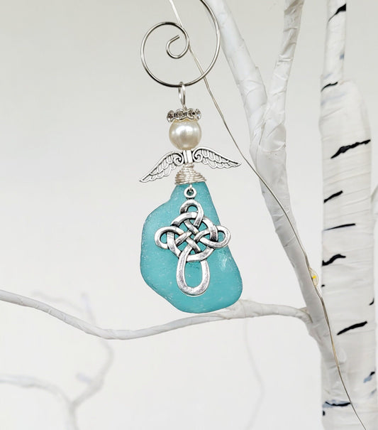 Genuine Sea Glass Angel with celtic cross/Angel Car Charm/Angel Pendant/Angel Ornament/Angel Gift/2