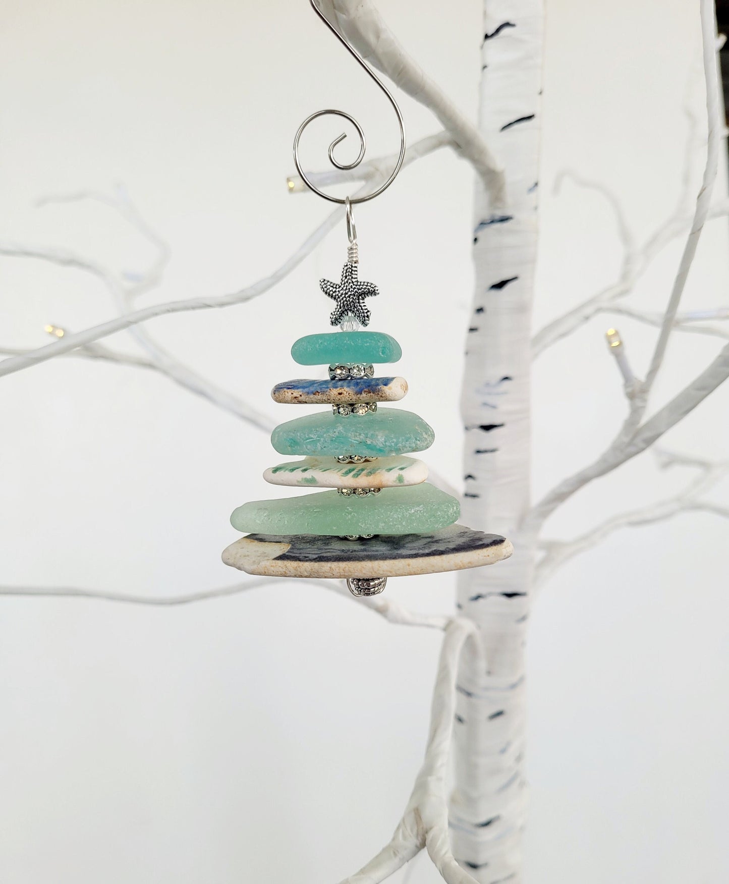 Sea Glass Christmas Tree Ornament/Sea Glass Pine Tree Ornament/Sea Pottery/Genuine Sea Glass Tree Ornament/58