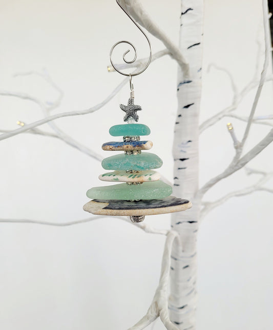 Sea Glass Christmas Tree Ornament/Sea Glass Pine Tree Ornament/Sea Pottery/Genuine Sea Glass Tree Ornament/58