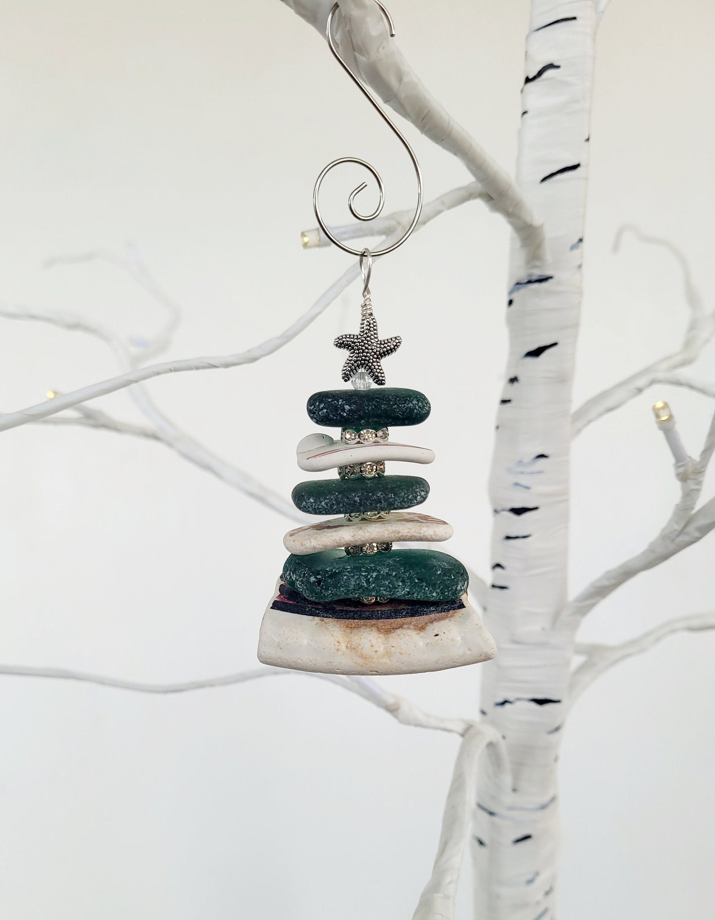 Sea Glass Christmas Tree Ornament/Sea Glass Pine Tree Ornament/Sea Pottery/Genuine Sea Glass Tree Ornament/57