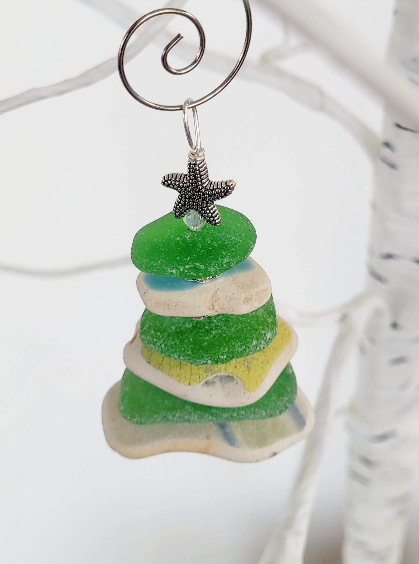 Sea Glass Christmas Tree Ornament/Sea Glass Pine Tree Ornament/Sea Pottery/Genuine Sea Glass Tree Ornament/53