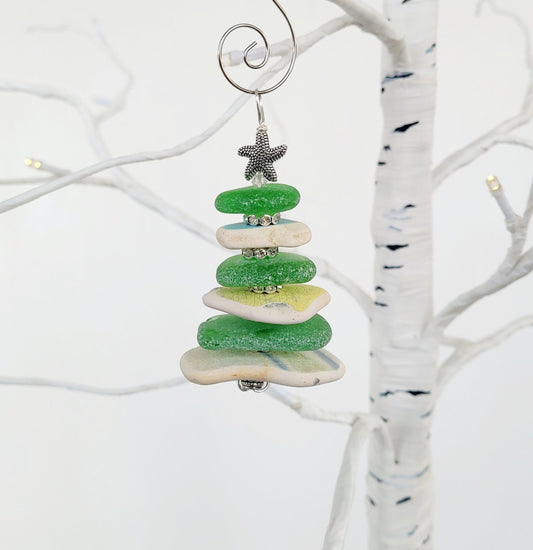 Sea Glass Christmas Tree Ornament/Sea Glass Pine Tree Ornament/Sea Pottery/Genuine Sea Glass Tree Ornament/53