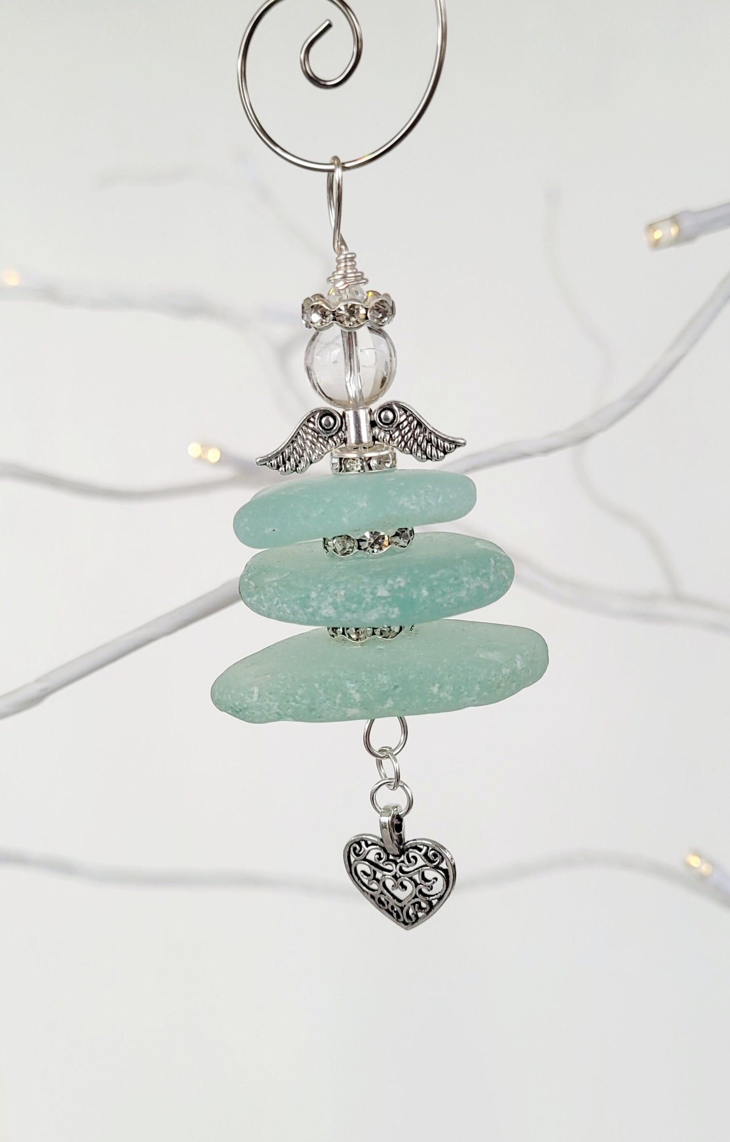 Genuine Sea Glass Angel Sun Catcher with heart charm/Angel Car Charm/Angel Pendant/Angel Ornament/Angel Gift/Gift for Her/29