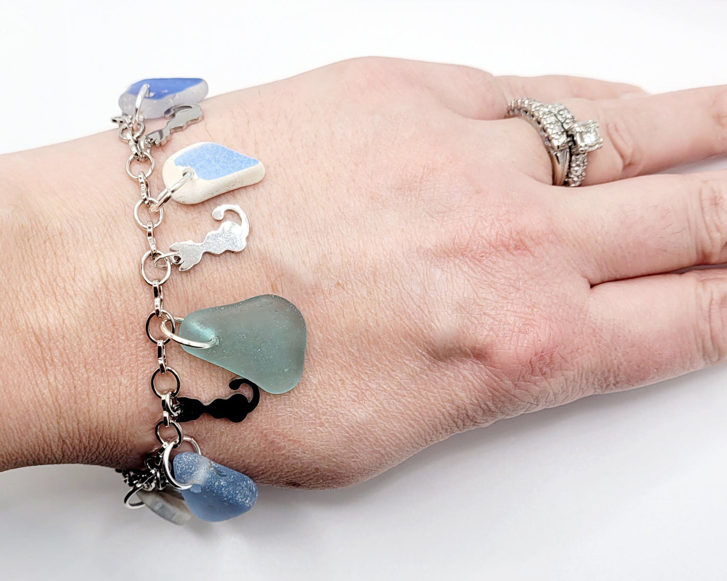 Genuine Sea Glass/Cat Charm Bracelet/Sea Pottery Bracelet/Genuine Sea Pottery/Charm Bracelet/Unique Gift/Beach Lover Gift/cat lover gift