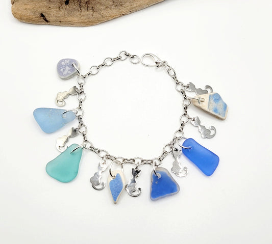 Genuine Sea Glass/Cat Charm Bracelet/Sea Pottery Bracelet/Genuine Sea Pottery/Charm Bracelet/Unique Gift/Beach Lover Gift/cat lover gift