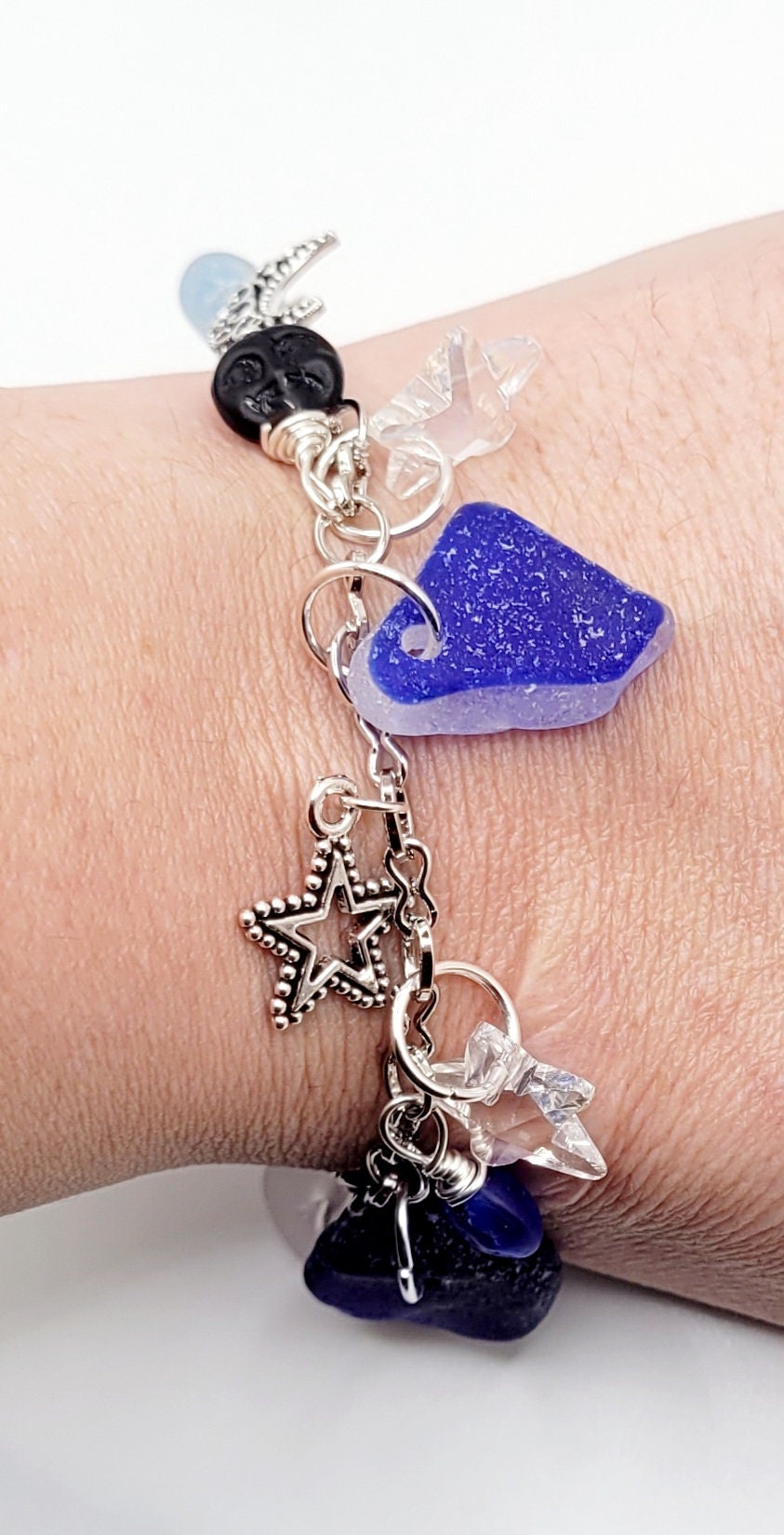 Genuine Sea Glass/Celestial Charm Bracelet/Sea Pottery Bracelet/Moon and Star Charm Bracelet/Unique Gift/Beach Lover Gift