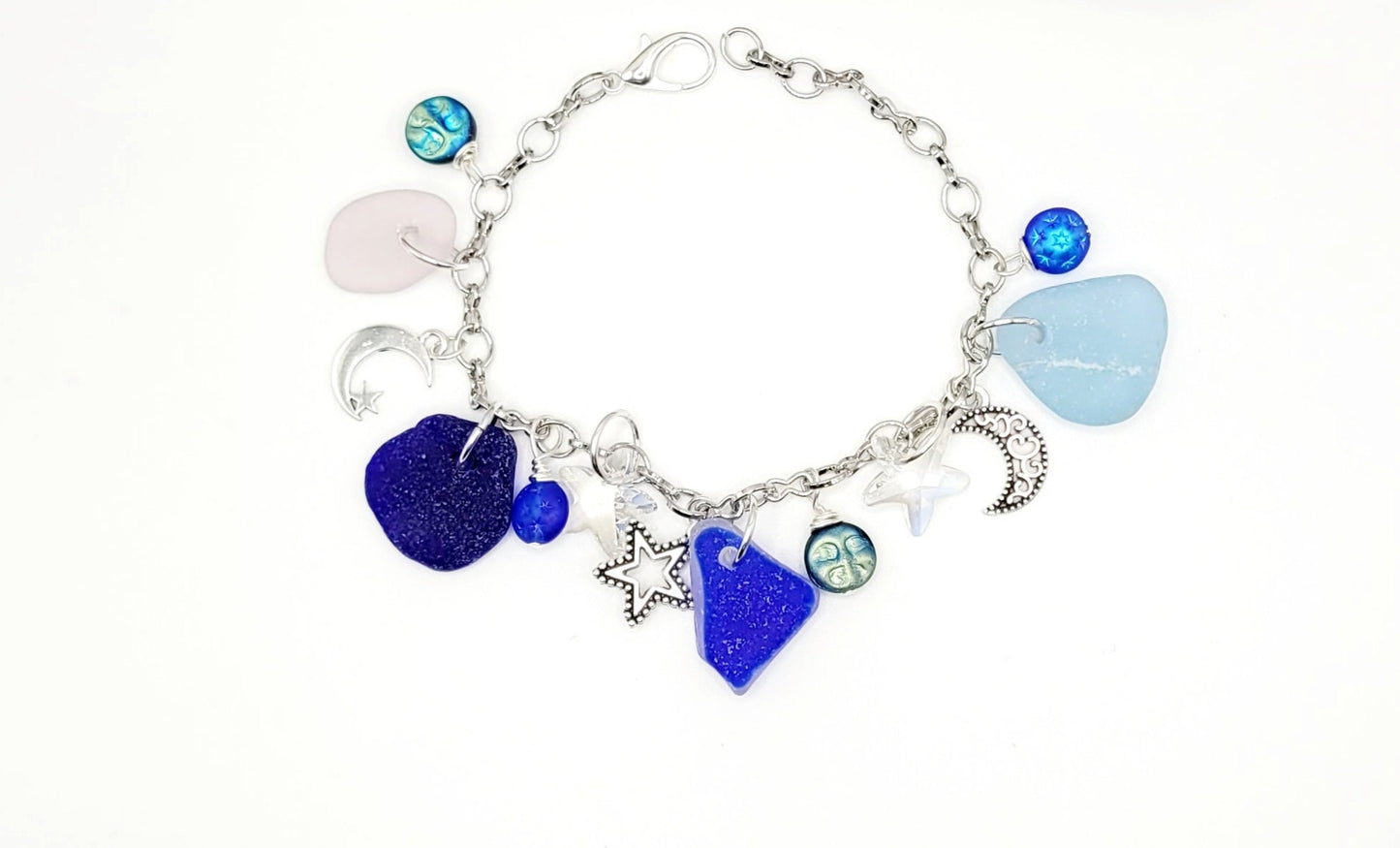 Genuine Sea Glass/Celestial Charm Bracelet/Sea Pottery Bracelet/Moon and Star Charm Bracelet/Unique Gift/Beach Lover Gift