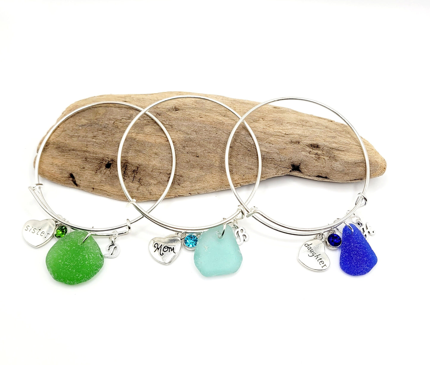 Genuine Sea Glass Bracelet/Mother's Day Gift/Sea Glass Bangle Bracelet/Personalized Sea Glass Bracelet/Birthstone Bracelet/Charm Bracelet