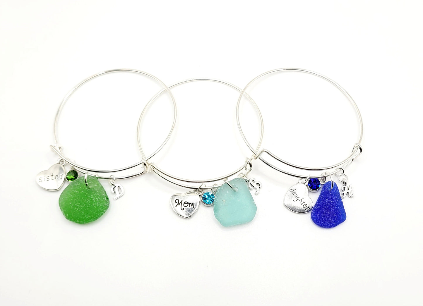 Genuine Sea Glass Bracelet/Mother's Day Gift/Sea Glass Bangle Bracelet/Personalized Sea Glass Bracelet/Birthstone Bracelet/Charm Bracelet