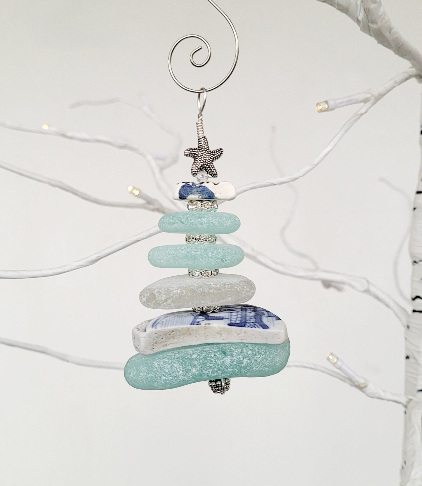 Sea Glass Christmas Tree Ornament/Sea Glass Pine Tree Ornament/Sea Pottery/Genuine Sea Glass Tree Ornament/70