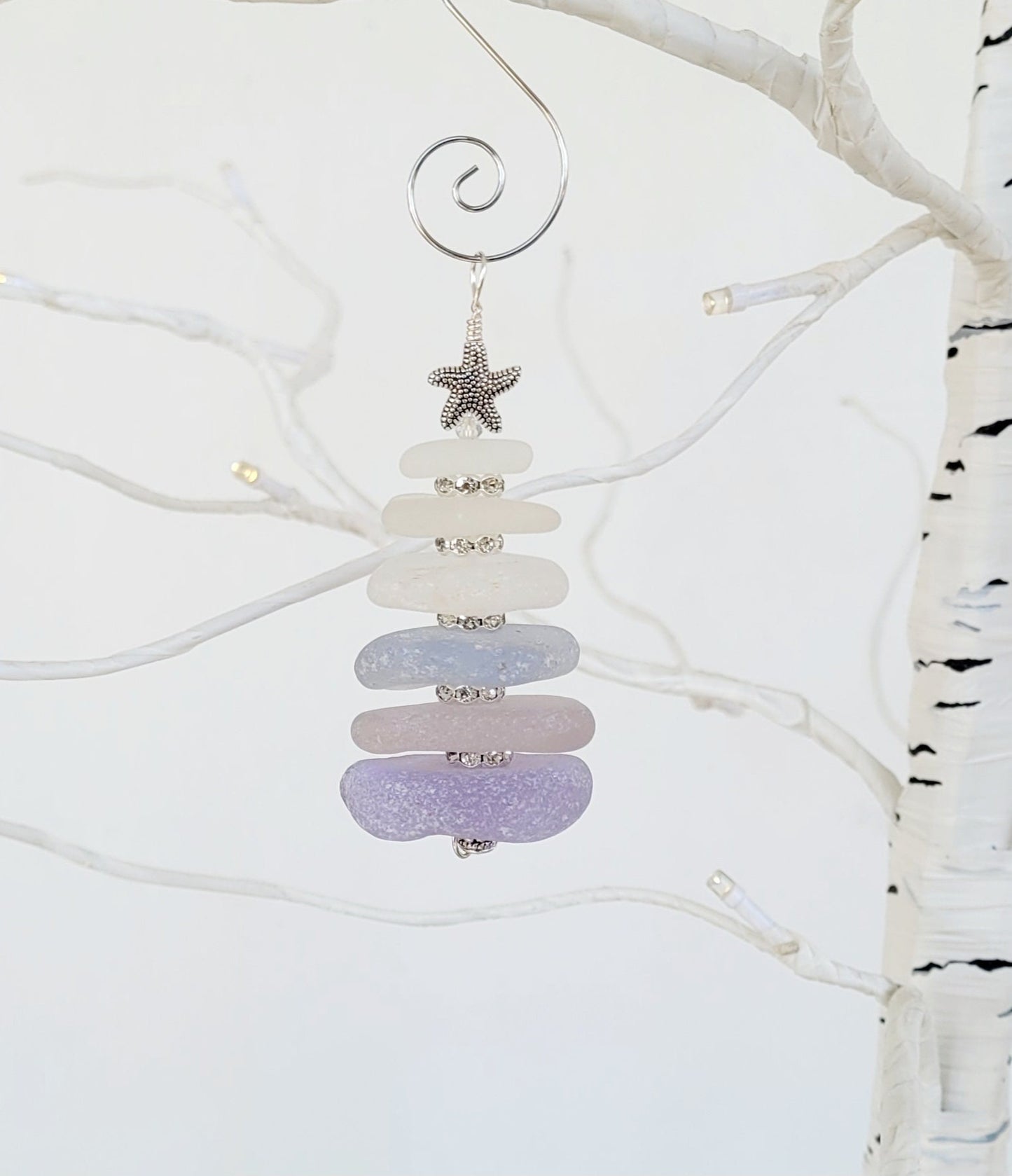 Sea Glass Christmas Tree Ornament/Purple and white Sea Glass/Sea Glass Pine Tree Ornament/Genuine Sea Glass Tree Ornament/75