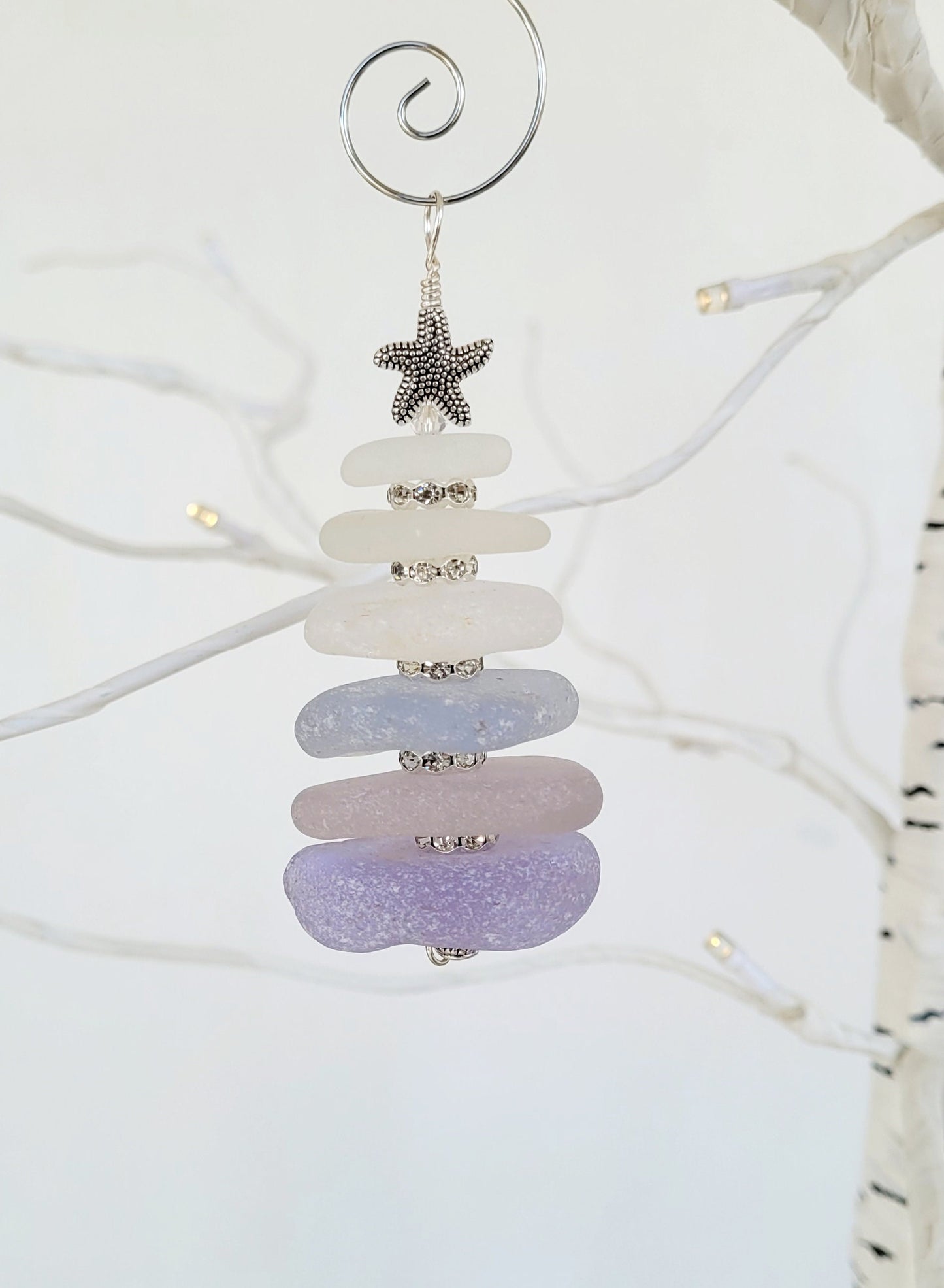 Sea Glass Christmas Tree Ornament/Purple and white Sea Glass/Sea Glass Pine Tree Ornament/Genuine Sea Glass Tree Ornament/75