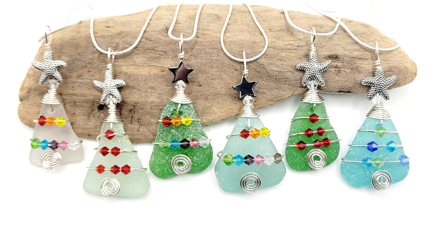 Genuine Sea Glass Christmas Tree Pendant/Coastal Ornament/Crystals