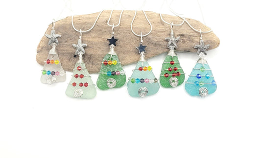 Genuine Sea Glass Christmas Tree Pendant/Coastal Ornament/Crystals