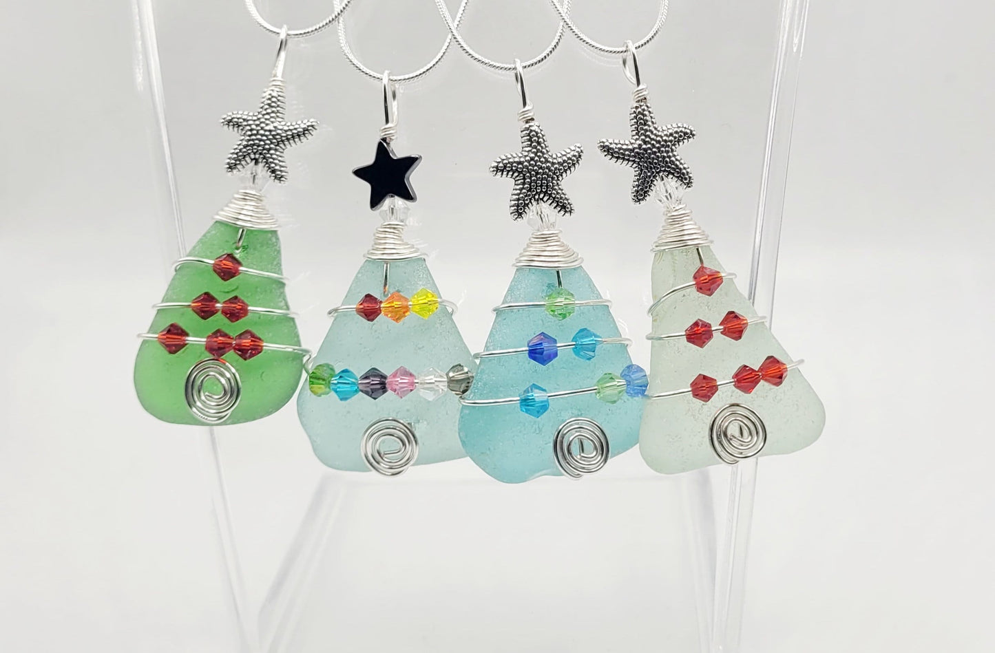 Genuine Sea Glass Christmas Tree Pendant/Coastal Ornament/Crystals