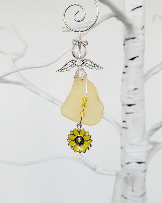 Sea Glass Guardian Angel/Genuine Sea Glass Angel/Rare yellow Sea Glass Angel Ornament/Christmas Ornament/ Suncatcher/car charm/3