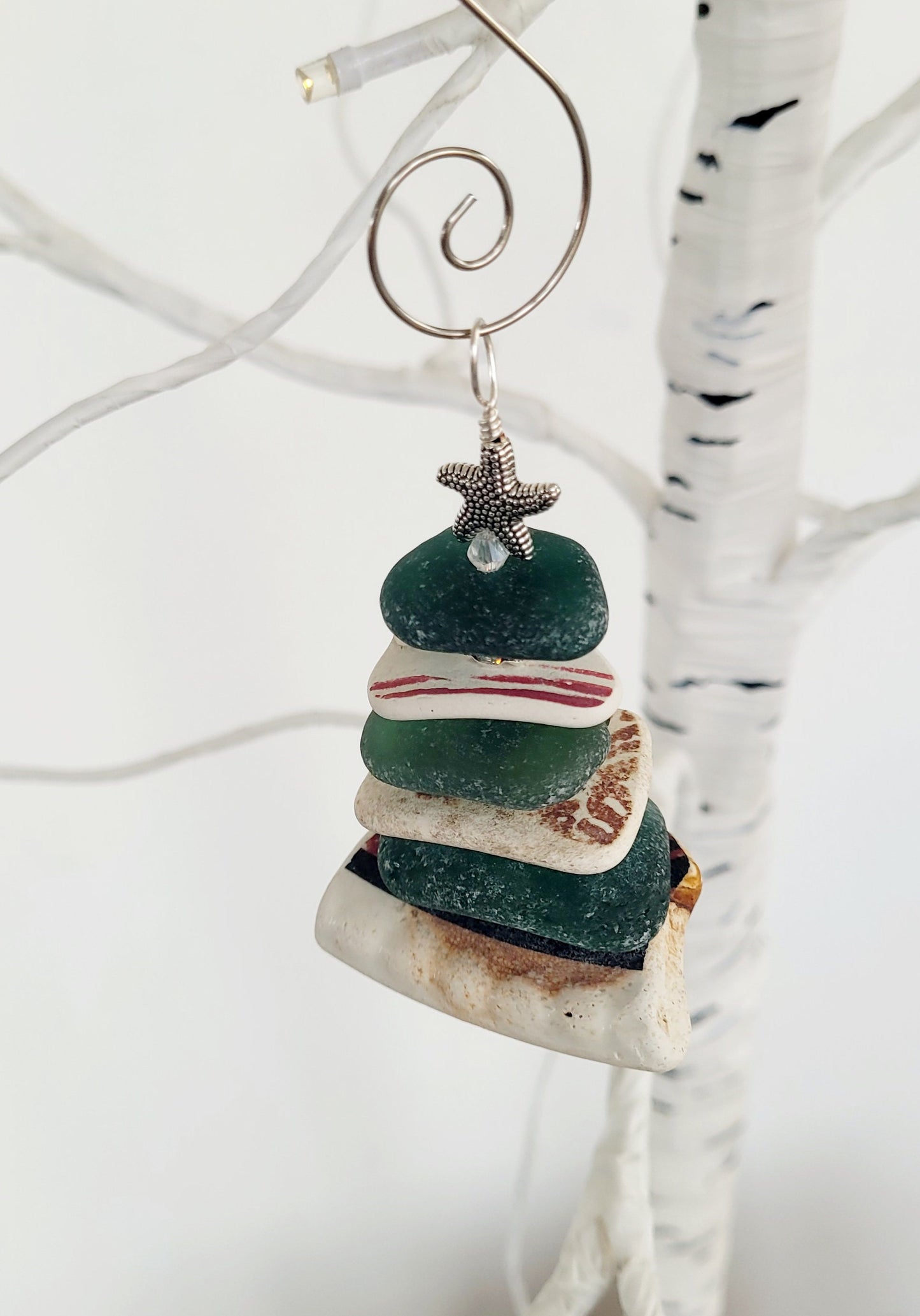 Sea Glass Christmas Tree Ornament/Sea Glass Pine Tree Ornament/Sea Pottery/Genuine Sea Glass Tree Ornament/57