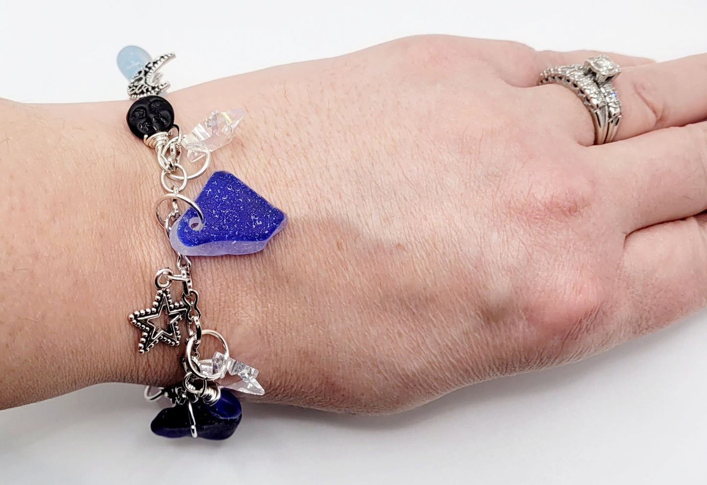 Genuine Sea Glass/Celestial Charm Bracelet/Sea Pottery Bracelet/Moon and Star Charm Bracelet/Unique Gift/Beach Lover Gift