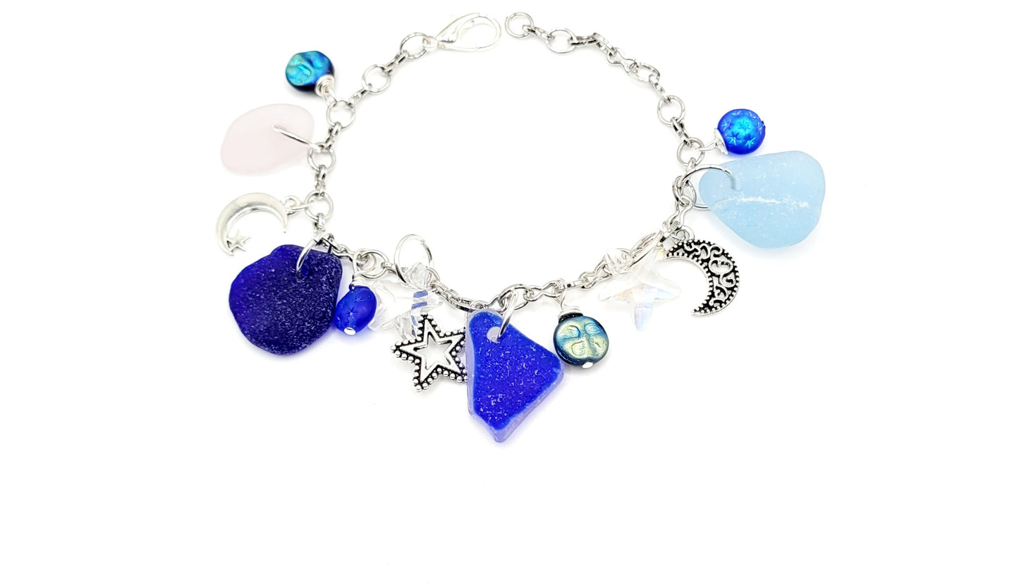 Genuine Sea Glass/Celestial Charm Bracelet/Sea Pottery Bracelet/Moon and Star Charm Bracelet/Unique Gift/Beach Lover Gift