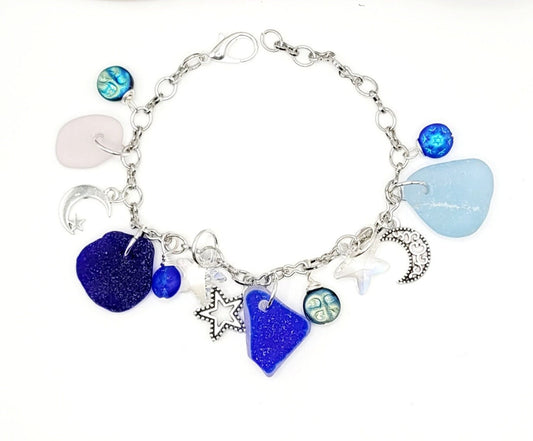 Genuine Sea Glass/Celestial Charm Bracelet/Sea Pottery Bracelet/Moon and Star Charm Bracelet/Unique Gift/Beach Lover Gift