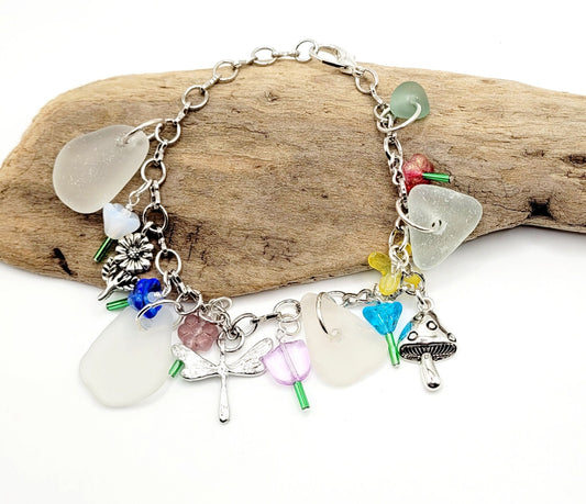 Sea Glass Bracelet/Genuine Sea Glass/Sea Glass Charm Bracelet/Mushroom Charm/Fairy Charm/Cottagecore bracelet/Unique Gift