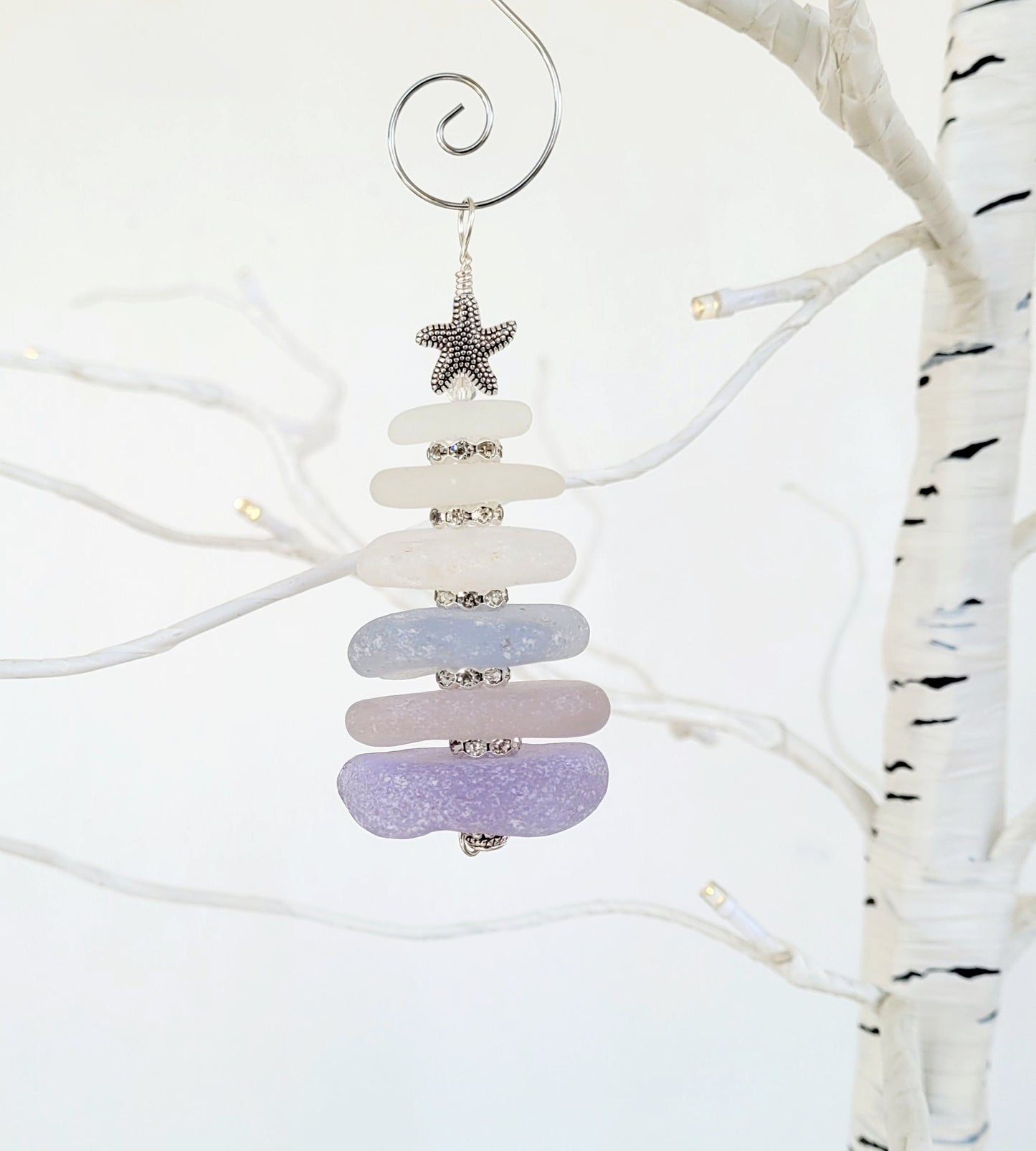 Sea Glass Christmas Tree Ornament/Purple and white Sea Glass/Sea Glass Pine Tree Ornament/Genuine Sea Glass Tree Ornament/75