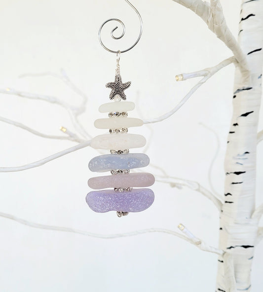 Sea Glass Christmas Tree Ornament/Purple and white Sea Glass/Sea Glass Pine Tree Ornament/Genuine Sea Glass Tree Ornament/75