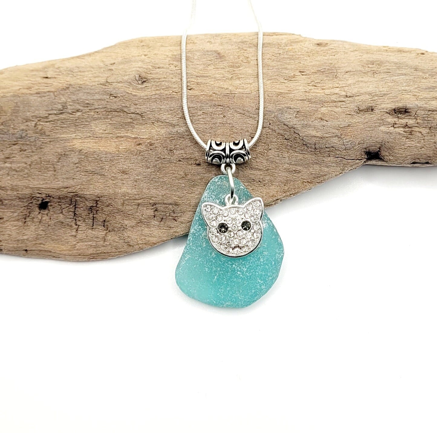 Genuine Sea Glass/Sea Glass Necklace/cat Charm/Sea Glass Pendant/Light Blue Glass/Coastal Jewelry/Nautical Pendant/Sea Glass Jewelry/139