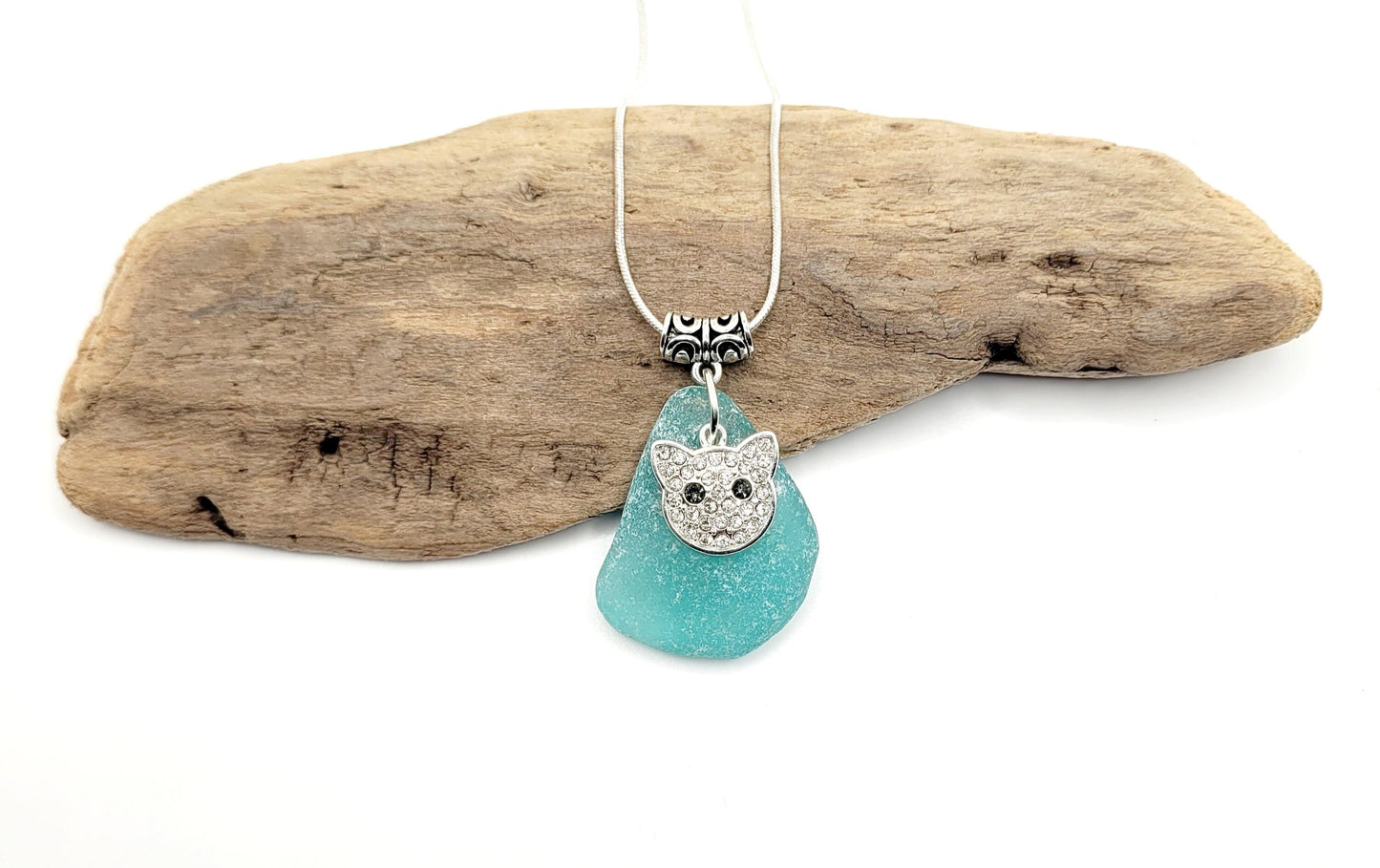 Genuine Sea Glass/Sea Glass Necklace/cat Charm/Sea Glass Pendant/Light Blue Glass/Coastal Jewelry/Nautical Pendant/Sea Glass Jewelry/139