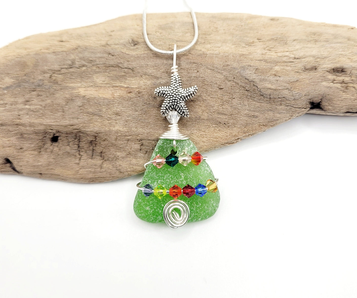 Genuine Sea Glass Christmas Tree Pendant/Sea Glass Christmas Tree Ornament/Coastal Ornament/Beach Decor/33d