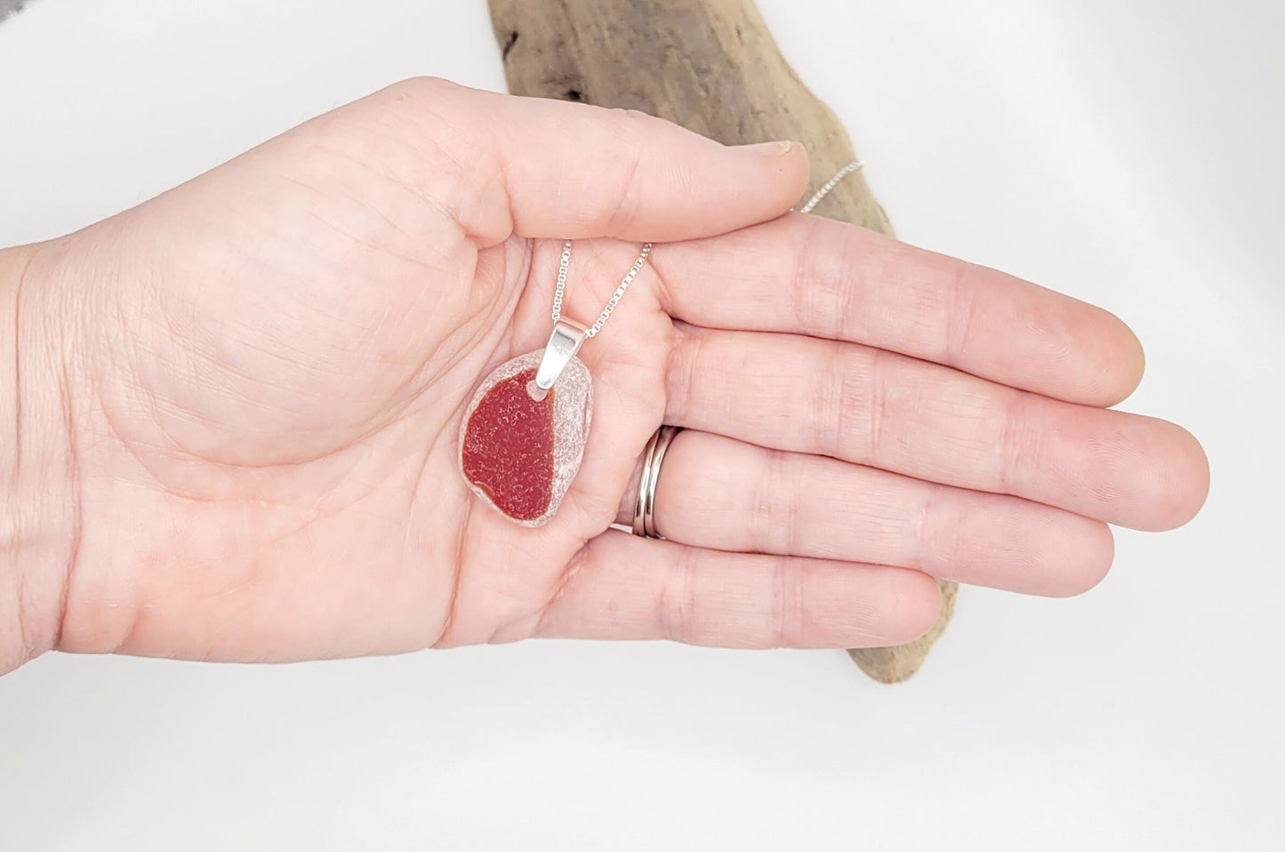 Genuine Sea Glass/Sea Glass and Sterling Silver Necklace/Red Flash Glass Sea Glass Pendant/Genuine Sea Glass Jewelry/134