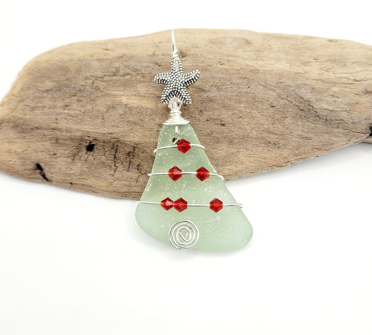 Genuine Sea Glass Christmas Tree Pendant/Sea Glass Christmas Tree Ornament/Coastal Ornament/Beach Decor/51d