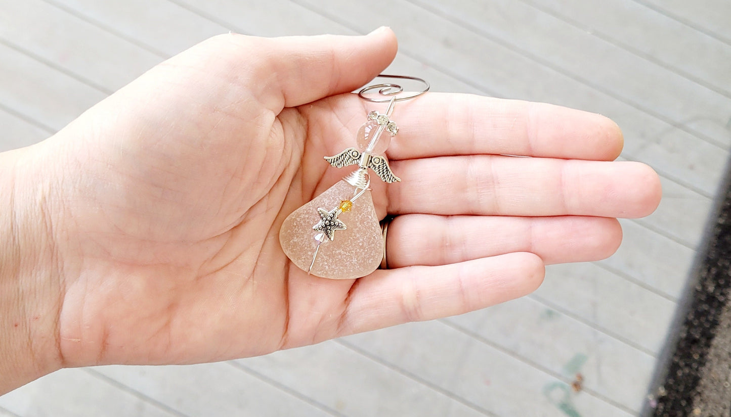 Sea Glass Guardian Angel/Genuine Sea Glass Angel/Rare Peach Sea Glass Angel Ornament/Christmas Ornament/ Suncatcher/car charm/172