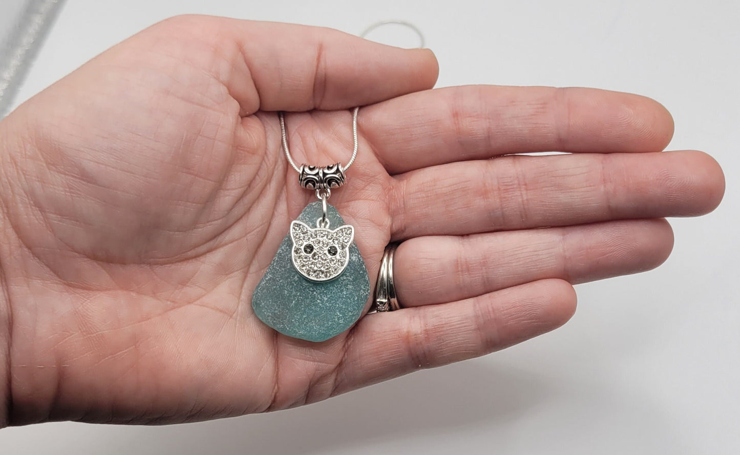 Genuine Sea Glass/Sea Glass Necklace/cat Charm/Sea Glass Pendant/Light Blue Glass/Coastal Jewelry/Nautical Pendant/Sea Glass Jewelry/139