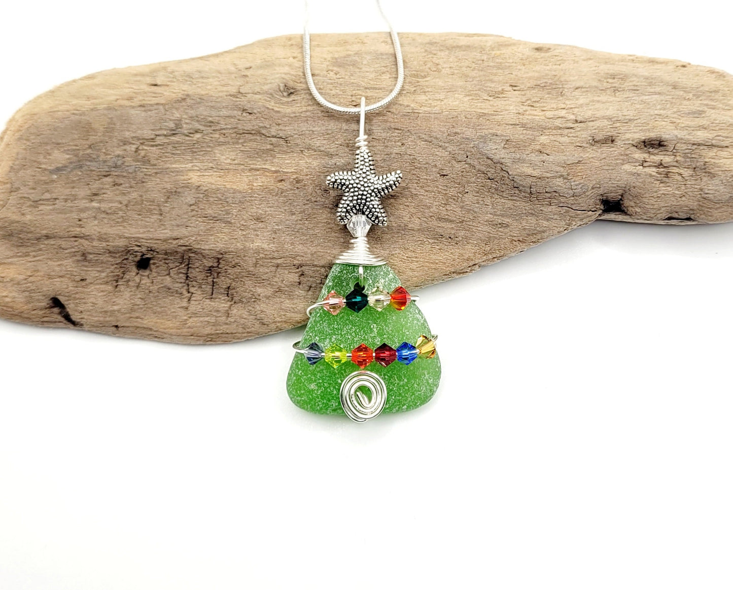 Genuine Sea Glass Christmas Tree Pendant/Sea Glass Christmas Tree Ornament/Coastal Ornament/Beach Decor/33d