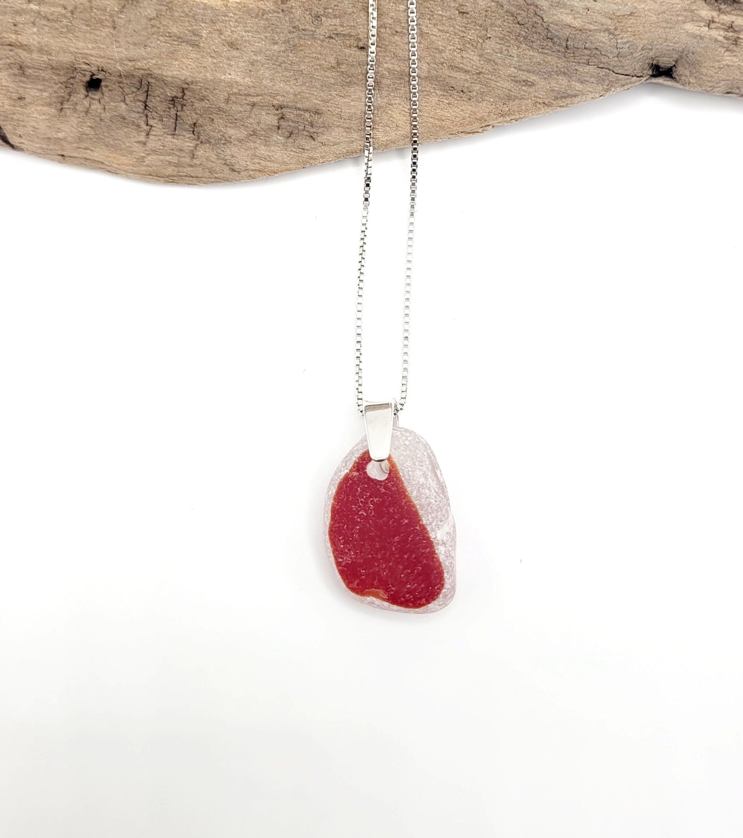 Genuine Sea Glass/Sea Glass and Sterling Silver Necklace/Red Flash Glass Sea Glass Pendant/Genuine Sea Glass Jewelry/134