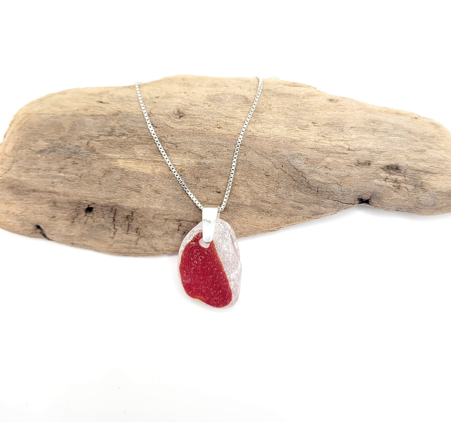 Genuine Sea Glass/Sea Glass and Sterling Silver Necklace/Red Flash Glass Sea Glass Pendant/Genuine Sea Glass Jewelry/134