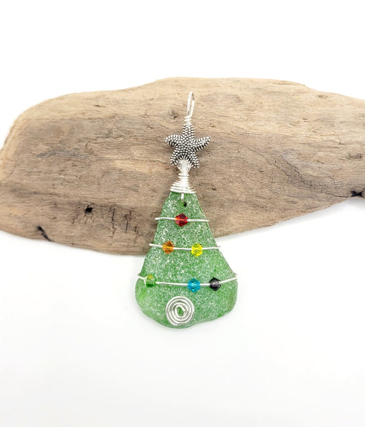 Genuine Sea Glass Christmas Tree Pendant/Sea Glass Christmas Tree Ornament/Coastal Ornament/Beach Decor/32d